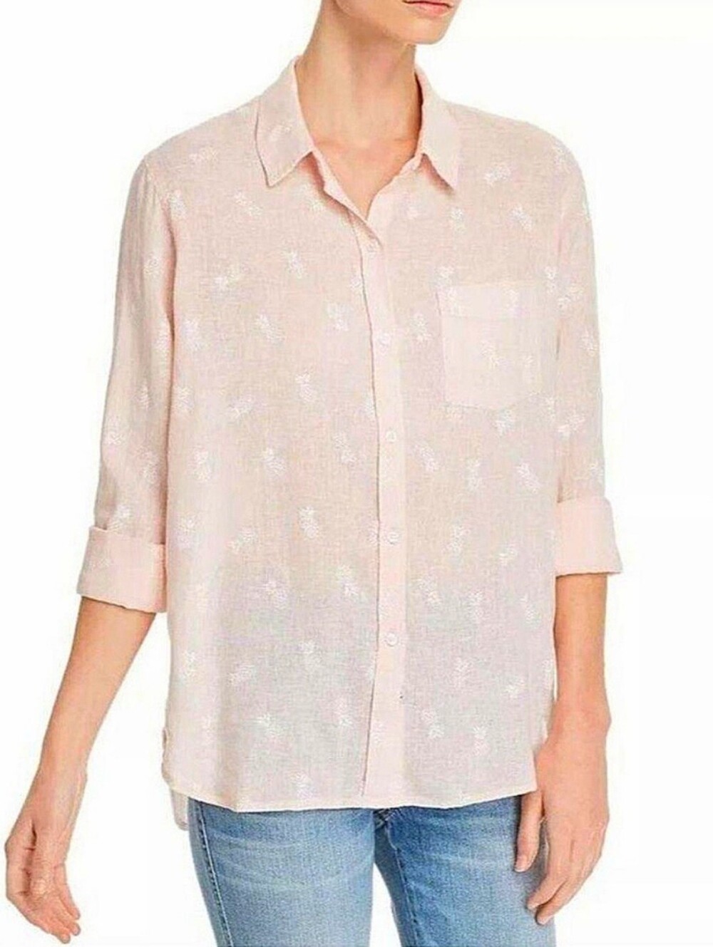 Rails Charli Button Down Linen Blend Blouse Shirt Peach White Pineapples Sz Med